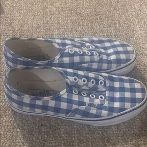 Vans gingham blue white tennis shoes no laces 7.0